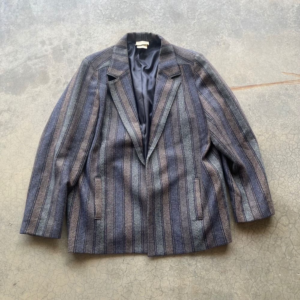 Tan Jay Vintage Wool Blend Striped Blazer Jacket Blue Grey Brown Size 20 K6046